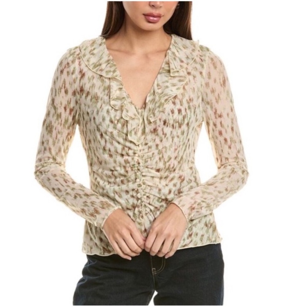 Cabi Ruffle Mesh Top Long Sleeve Ruched V-Neck Abstract Print Green Brown Large